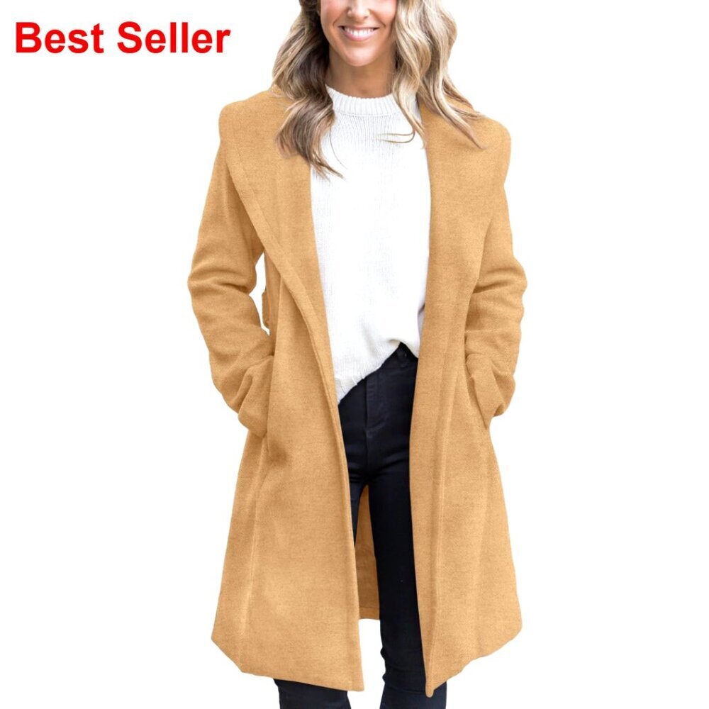 Polyester Pea Coat with Big Lapel and Belted Waist for Winter